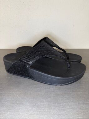 FitFlop Lulu Glitter Sandals Womens Size 7 Black Leather Platform Thong Wedge